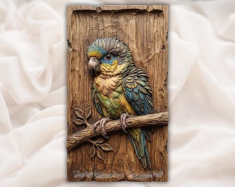 Parrot Relief STL | CNC Router 3D Carving Model | Colorful Parakeet on Branch Wood Grain Bas Relief Panel | Tropical Bird Wall Art