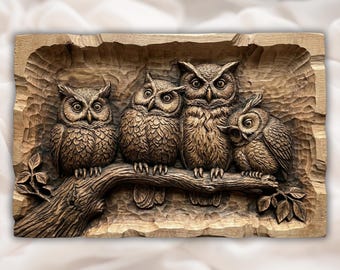 Owl Family Relief STL | CNC Router 3D Carving Model | Owls on Branch Wood Grain Bas Relief Panel | Rustic Woodland Cabin Wall Art