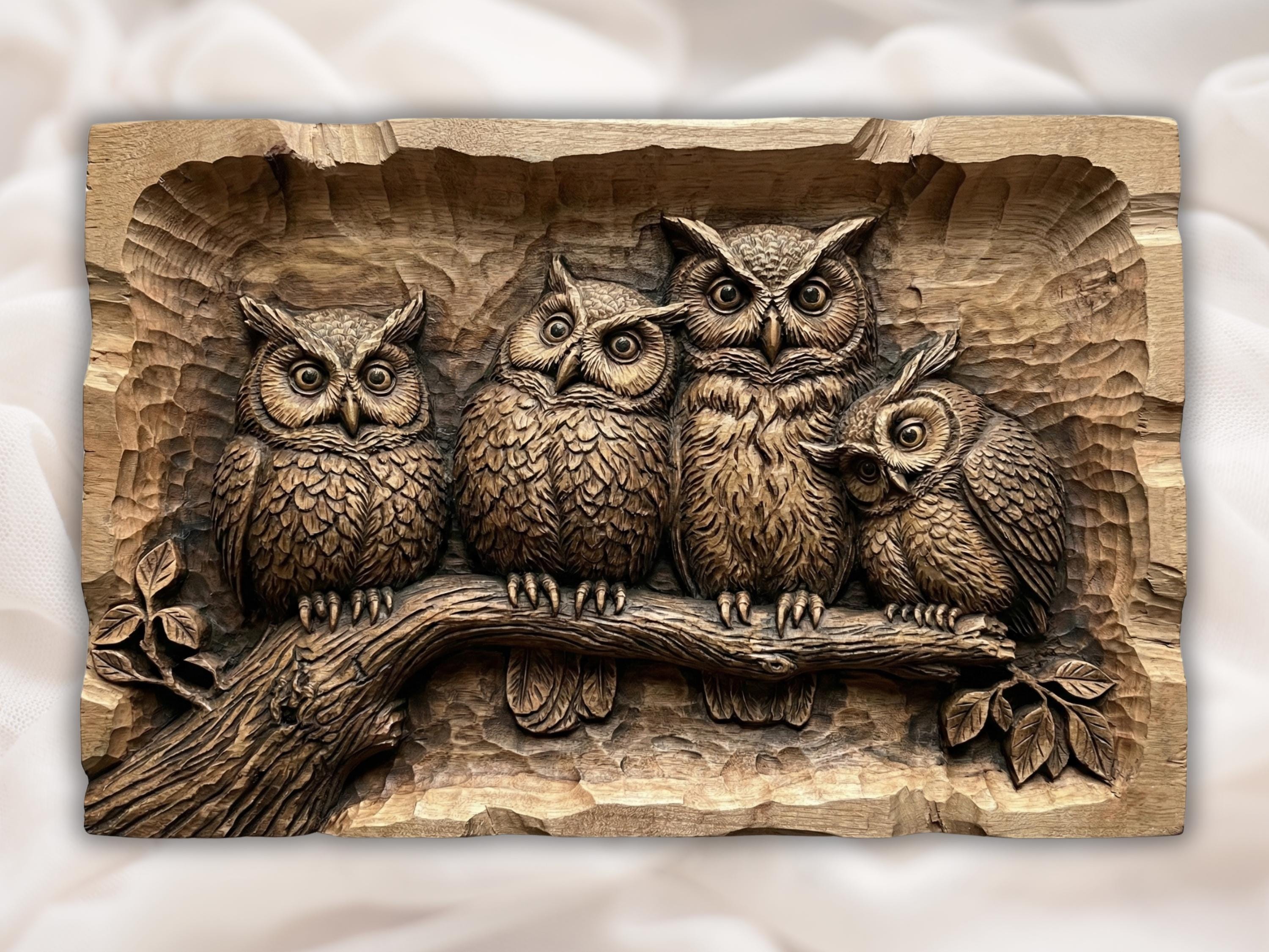 Owl Family Relief STL | CNC Router 3D Carving Model | Owls on Branch Wood Grain Bas Relief Panel | R