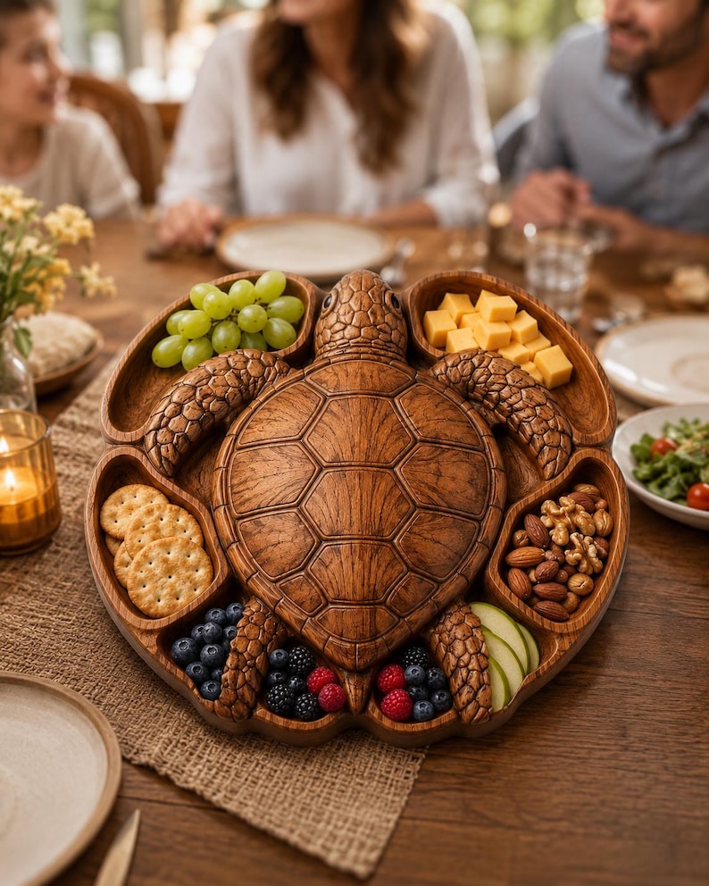May include: A brown wooden serving tray shaped like a sea turtle with a textured shell and flippers. The tray features multiple carved compartments filled with green grapes, cubed yellow cheese, round crackers, mixed nuts, blueberries, raspberries, and apple slices.