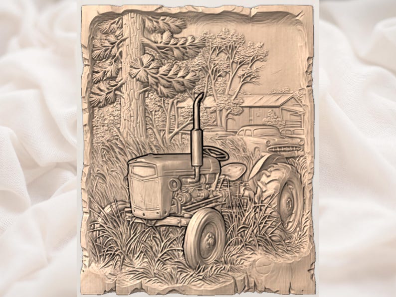 3D-relief STL för vintagetraktor | CNC-fräs för bondgårdsscen | Träsniderifil med rustik basrelief för väggkonst | Heminredning bild 3