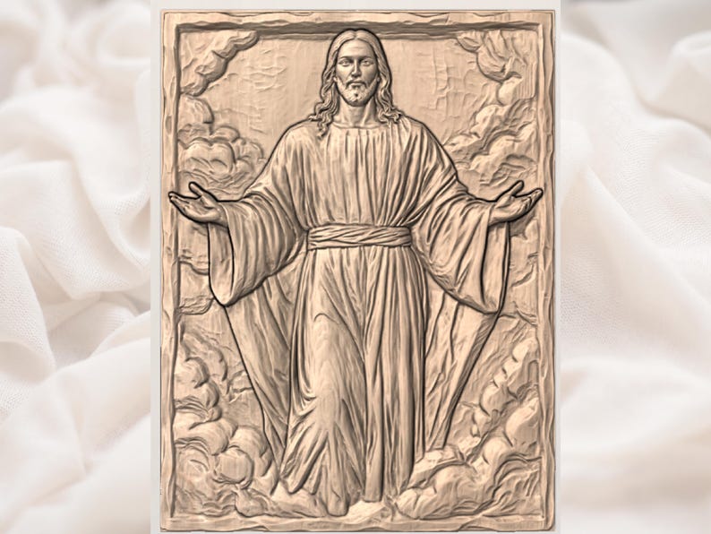 May include: A carved wooden relief depicting a figure with outstretched arms, wearing flowing robes. The figure has long hair and a beard, and is surrounded by cloud-like forms. The artwork is framed and has a neutral color palette.