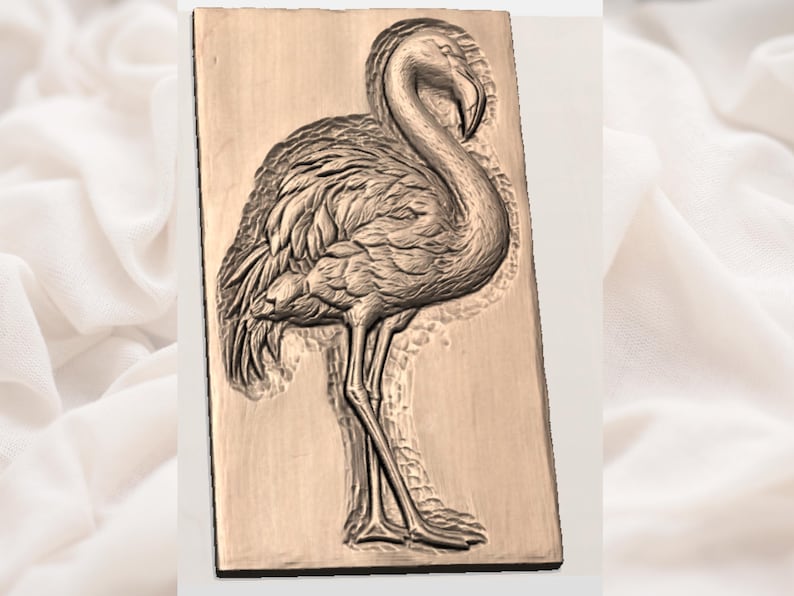 May include: A rectangular, wooden plaque featuring a detailed relief carving of a flamingo. The flamingo is depicted in profile, with its long neck curved and its feathers intricately carved. The plaque has a warm, natural wood tone.