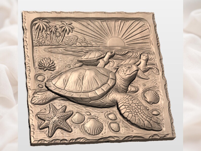 May include: A detailed relief carving depicting a beach scene with sea turtles, a starfish, seashells, and palm trees. The artwork features a sunrise and waves, all rendered in a warm, natural tone. The turtles are the focal point of the design.