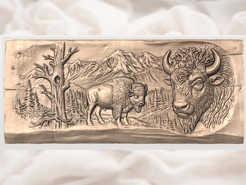 May include: A wooden relief carving of a bison and a mountain landscape. The carving shows a detailed depiction of a bison, trees, and mountains. The colour is a natural wood tone.