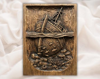 Naufragio submarino 3D relieve STL / CNC enrutador tallado en madera archivo / Barco hundido océano vida marina panel de arte de pared / Decoración costera náutica