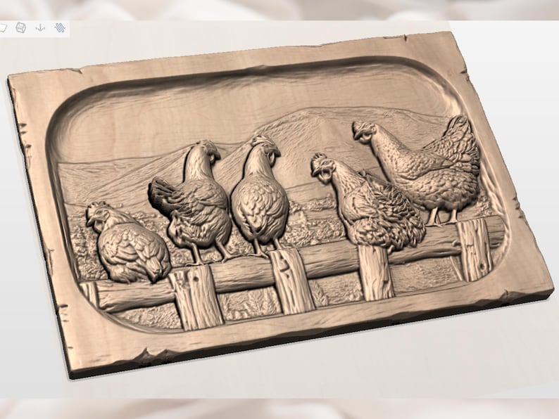 May include: A wooden relief carving depicting a rural scene with five chickens on a wooden fence. The chickens are intricately carved, set against a backdrop of rolling hills. The carving is presented within a rectangular frame.