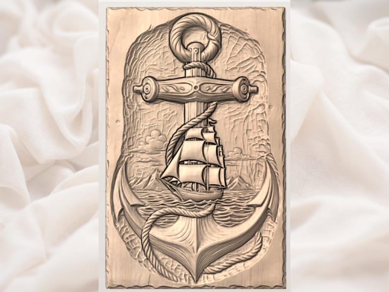 May include: A wooden carving of an anchor with a rope and a sailboat. The anchor is the focal point, with a detailed design of a ship sailing on the water. The carving is in shades of brown.