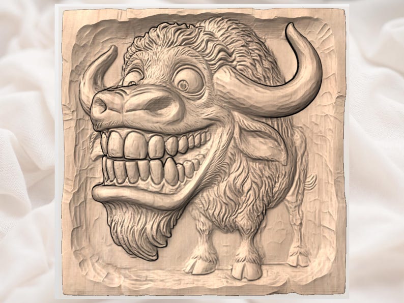 May include: A carved wooden relief depicting a smiling bison with exaggerated features. The artwork showcases the bison's large horns, teeth, and fur texture. The relief is set within a rectangular frame, showcasing the natural wood grain.