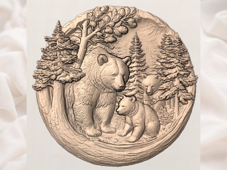 May include: A detailed wooden carving of a bear family in a forest setting. The relief sculpture features a large bear with two cubs, surrounded by trees and foliage, all within a circular frame.
