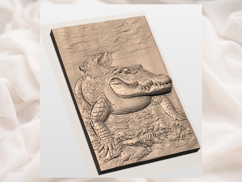 May include: A detailed wooden carving of an alligator, showcasing intricate textures and a three-dimensional effect. The alligator is depicted in a naturalistic pose, with visible scales and teeth. The artwork is mounted on a rectangular wooden panel.