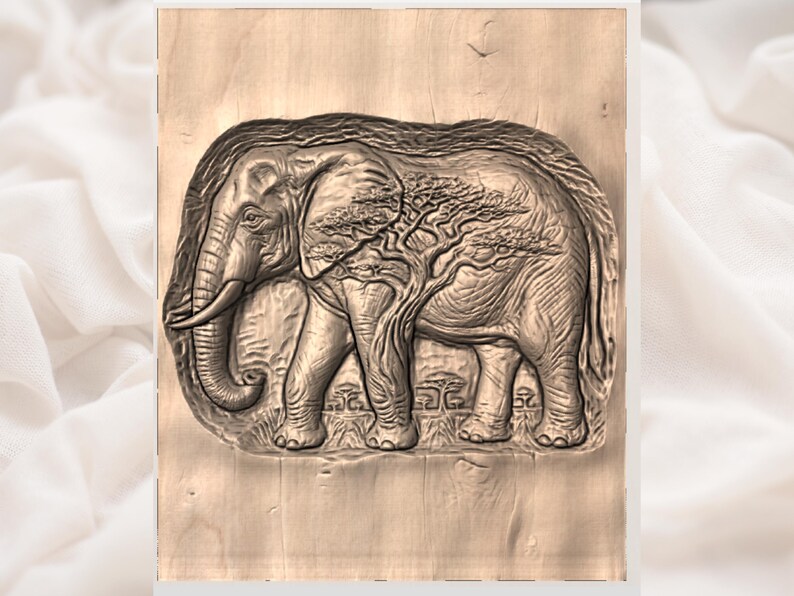 May include: A detailed wooden carving of an elephant with a tree incorporated into its design. The elephant is depicted in profile, with intricate textures and patterns. The artwork is set against a light-colored wooden background.