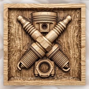May include: A square wooden wall plaque featuring a relief carving of two crossed spark plugs positioned over a central engine piston and connecting rod assembly. The natural light brown wood grain is visible throughout the textured design.