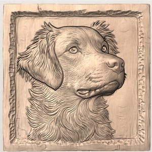 May include: A wooden relief carving of a dog's head in profile, set within a rectangular frame. The dog has detailed fur and a gentle expression. The carving is in shades of brown and beige, with visible wood grain.