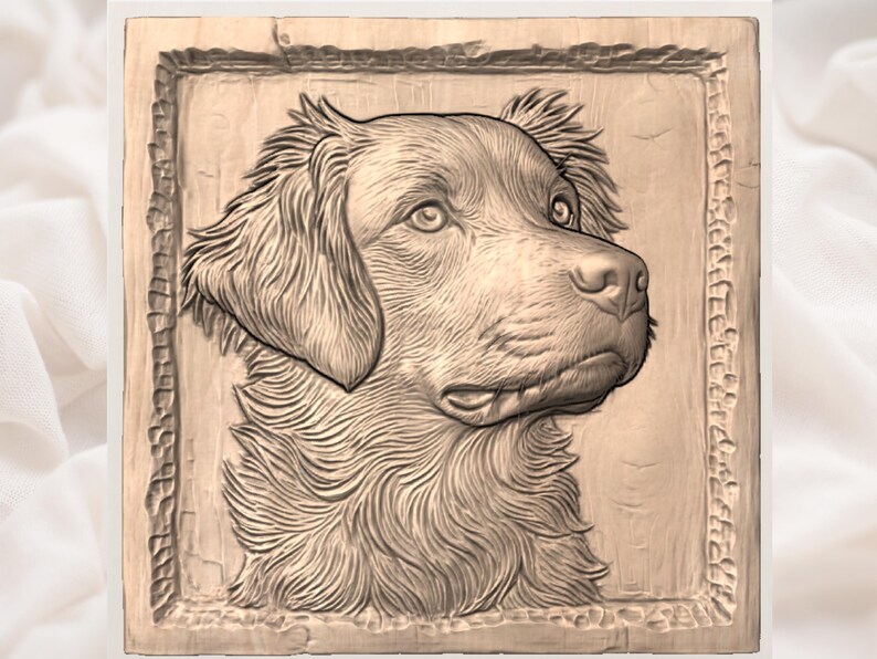 May include: A wooden relief carving of a dog's head in profile, set within a rectangular frame. The dog has detailed fur and a gentle expression. The carving is in shades of brown and beige, with visible wood grain.