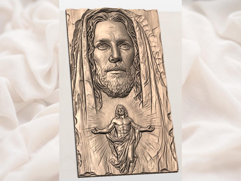 May include: A detailed relief carving depicting a religious figure with a beard and long hair, framed by a draped cloth. Below, a figure with outstretched arms is surrounded by rays of light. The carving is in a warm, earthy tone.