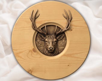 雄大な鹿のレリーフSTL｜丸い鹿の頭の壁飾り｜素朴なキャビンロッジの装飾｜山の雄鹿の角の飾り板｜野生動物の山小屋アート
