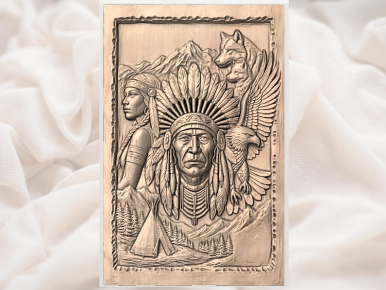 May include: A wooden relief carving depicting Native American figures and wildlife. The central figure is a Native American chief wearing a feathered headdress. Other figures include a woman, a wolf, and an eagle. Mountains and a teepee are also carved into the wood.