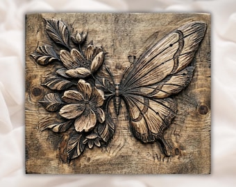 Archivo STL de relieve 3D de mariposas y flores / Tallado CNC con vetas de madera de mariposas florales / Panel de arte mural natural / Impresión 3D y grabado láser