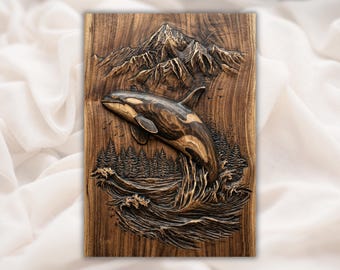 Orca Whale 3D Relief STL | Killer Whale Ocean CNC Router File | Mountain Sea Wall Art Wood Carving Style | 3D Print Model | Laser Engraving