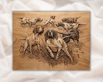 Jachthondenpakket 3D-reliëf STL | Aanwijzer en vogel hond veld scènepaneel | Snijbestand voor CNC-router, 3D-print, lasergravure | kunst aan de muur jagen