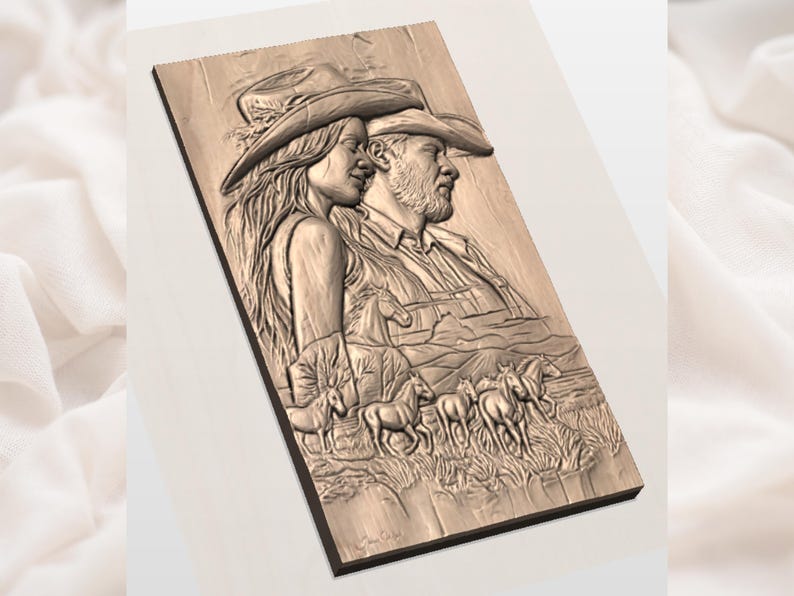 May include: A wooden relief carving of a couple in cowboy hats, with horses and a landscape. The artwork, in shades of brown and beige, evokes a rustic theme. The carving is a rectangular shape.