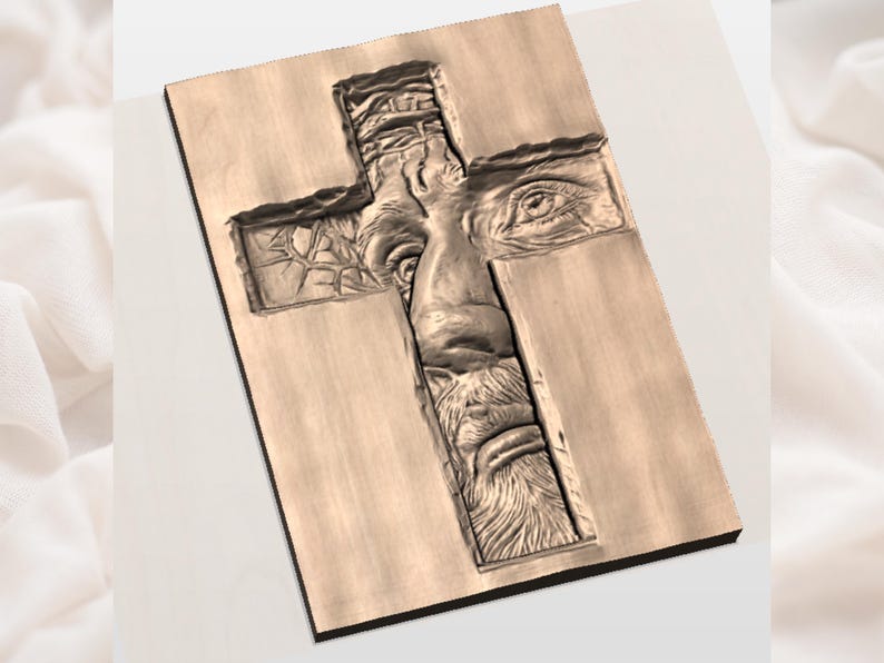 May include: A wooden cross with a carved relief of a face, possibly depicting a religious figure. The face is partially visible within the cross's structure, with detailed features including eyes, a nose, and a beard. The wood has a natural, light brown color.
