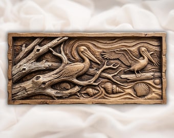 Baixo-relevo de pelicano em parede costeira | Escultura em relevo de ave costeira em madeira flutuante | Relevo náutico de ave marinha em CNC STL | Painel decorativo de praia com conchas e madeira flutuante