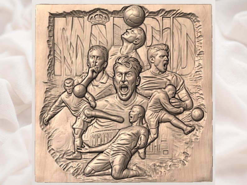 Madrid fotbollsmapp | Snidning av fotbollslegend | Dekor för fankonst på stadion | Hyllningsplakett för mästare | Graverad träliknande | Sportpresentmodell bild 3