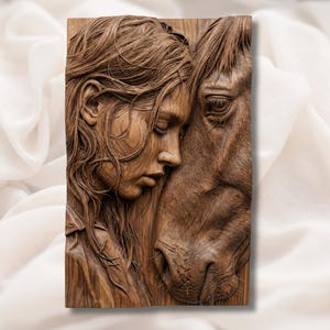 Girl & Horse Emotional 3D Relief STL view 1