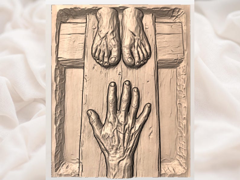 May include: A detailed relief sculpture depicting a hand and feet on a wooden surface. The hand is open, and the feet are positioned above. The artwork is in a neutral color palette, with visible textures.