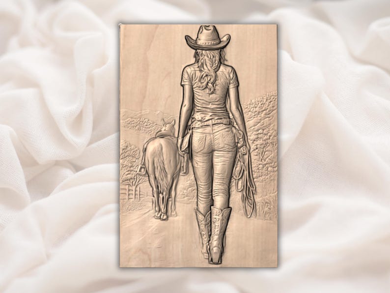 May include: A wooden carving of a cowgirl walking away from the viewer, leading a horse. The cowgirl wears a hat, jeans, and boots, carrying a rope. The background depicts a rural landscape with trees and a fence.