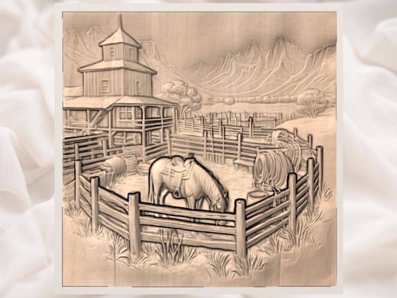 May include: A detailed wood carving depicting a ranch scene. A horse with a saddle grazes in a fenced enclosure. A barn with a cupola and a mountain range are in the background. The carving is in shades of brown.