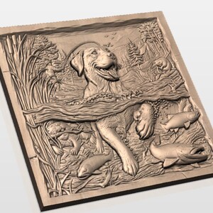 Golden Retriever Fishing Scene 3D Relief STL view 3