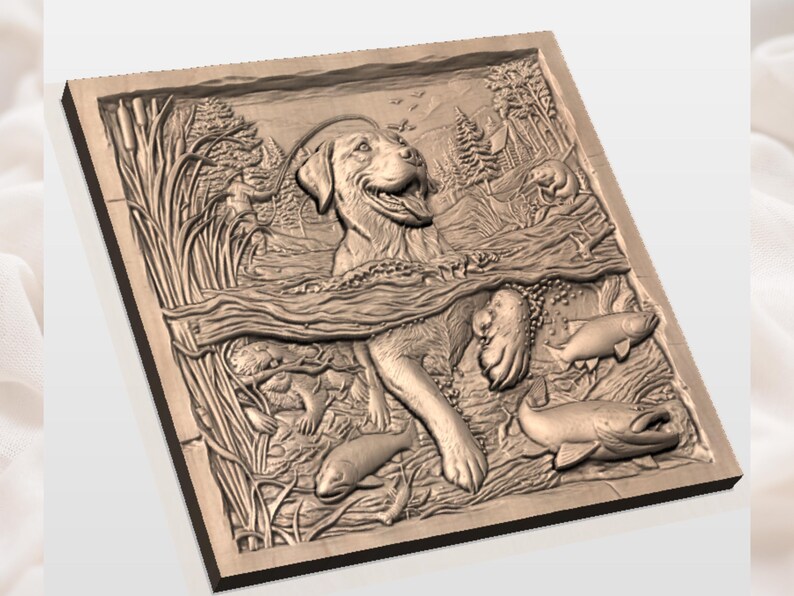 May include: A detailed relief carving depicts a dog in a lake, surrounded by fish, reeds, and trees. The dog is submerged in the water, with its head and front paws visible. The artwork is in shades of brown and tan, with a natural, outdoorsy theme.
