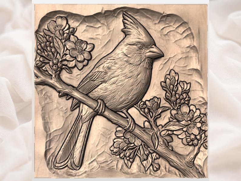May include: A detailed relief carving of a cardinal bird perched on a flowering branch. The bird is depicted with intricate feather details and a prominent crest. The artwork is in shades of brown, with the bird and flowers carved into a textured background.