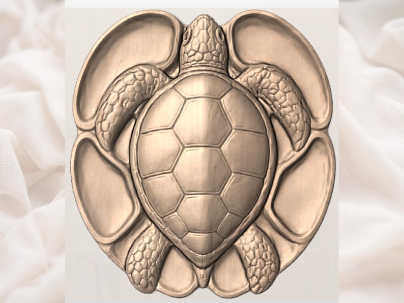 May include: A circular light brown wooden serving tray featuring a carved sea turtle in the center. The turtle is depicted with a detailed shell and textured flippers, surrounded by six smooth, recessed compartments integrated into the tray design.