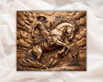 Bronco Rider 3D Relief STL | Bucking Horse Cowboy Western Wood Grain Carving Panel | CNC Router File, 3D Print, Laser Engrave