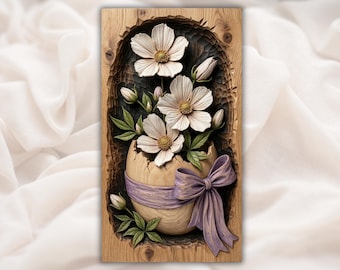 Easter Egg STL | Floral Relief Art | Spring Wall Decor | Ribbon Bow Artwork | Wood Carving Design | Cottage core Plaque
