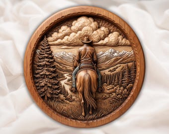 Caballo vaquero occidental STL / Archivo de tallado de madera CNC en relieve 3D / Placa de pared con paisaje occidental / Modelo rústico de impresión 3D / Decoración del hogar