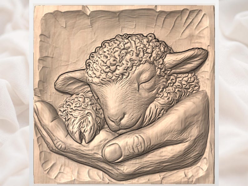 May include: A carved wooden relief depicting a lamb nestled in a hand. The lamb has closed eyes and curly wool. The hand is detailed with visible lines and a thumb. The artwork is in shades of brown and beige.