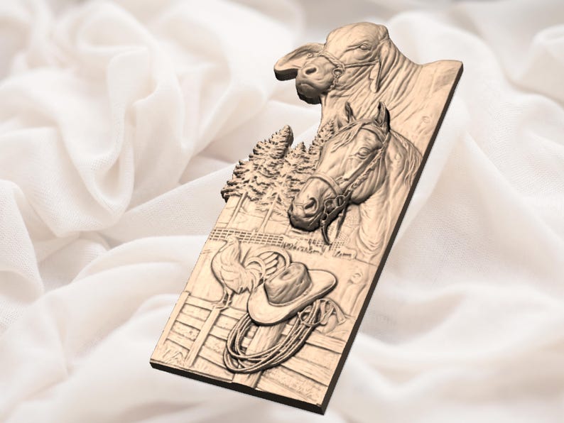 May include: A wooden relief carving featuring a horse, a bull, a cowboy hat, a rope, a rooster, and a fence. The relief is rectangular and has a light brown color. The carving depicts a rural, western theme.