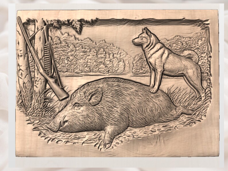 Wild Boar Hunting STL | Hunting Scene Carving | Husky Dog Artwork | Man Cave Wall Art Decor | Engraved Wood Look | Hunter Gift Plaque image 3