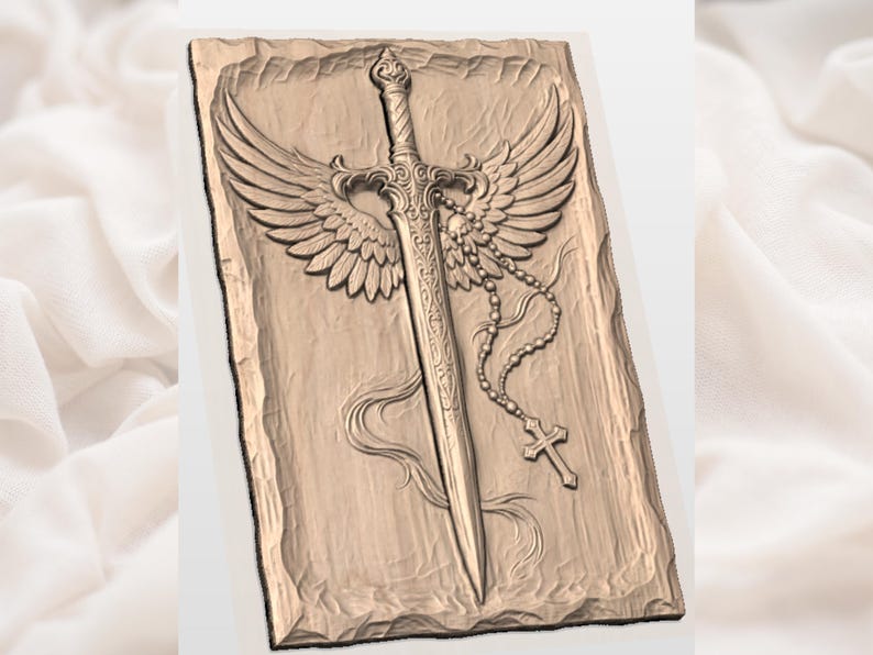 May include: A detailed relief carving of a sword with angel wings, a rosary, and a cross. The sword has an ornate hilt and is centered on a rectangular plaque with a textured, aged appearance. The wings are spread on either side of the sword.