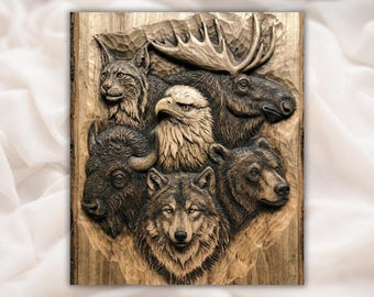 Animales salvajes en relieve 3D STL/Archivo de tallado de madera para enrutador CNC/Panel de lobo, oso, águila, alce, lince y búfalo/Arte de pared para pabellón de caza