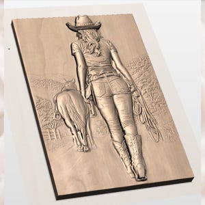 Cowgirl Walking Horse 3D Relief STL view 3