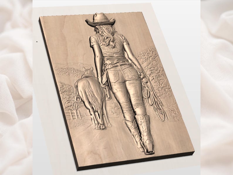 May include: A wooden relief carving depicts a cowgirl with a horse, wearing a cowboy hat, jeans, and boots. The cowgirl holds a rope, and the horse stands nearby. The artwork is carved into a rectangular wooden panel.