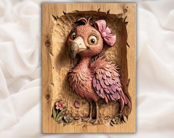 Cute Flamingo STL | Kawaii Bird Relief | Bow Flamingo Wall Decor | Nursery Kids Artwork | Wood Carving Pink Decor | Tropical Plaque File