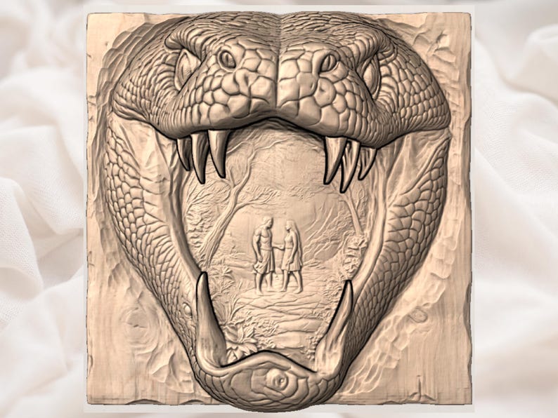 May include: A detailed wood carving of a snake's open mouth, revealing a scene of two figures in a forest. The carving is in shades of brown, with intricate textures and sharp details. The snake's fangs are prominent.