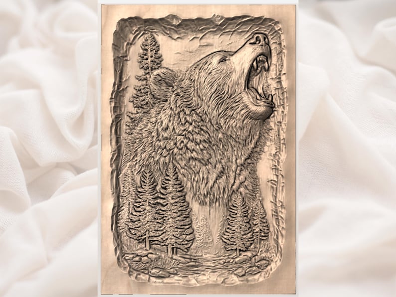 May include: A detailed wood carving of a roaring bear in a forest setting. The bear's open mouth reveals its teeth, and the surrounding trees add depth to the artwork. The carving is in shades of brown.